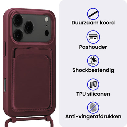 iPhone 17 Pro Hoesje Met Telefoonkoord en Pasjeshouder Siliconen - Aubergine