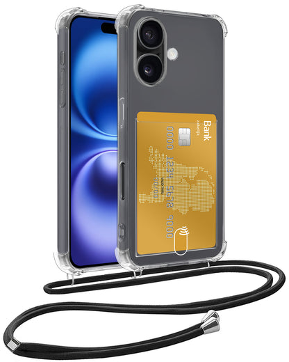 iPhone 16 Plus Hoesje Kaarthouder met Koord Backcover Shockproof - Transparant