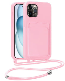 iPhone 15 Pro Hoesje Met Telefoonkoord en Pasjeshouder Siliconen - Lichtroze