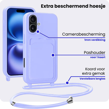 iPhone 16 Hoesje Met Telefoonkoord en Pasjeshouder Siliconen - Lila