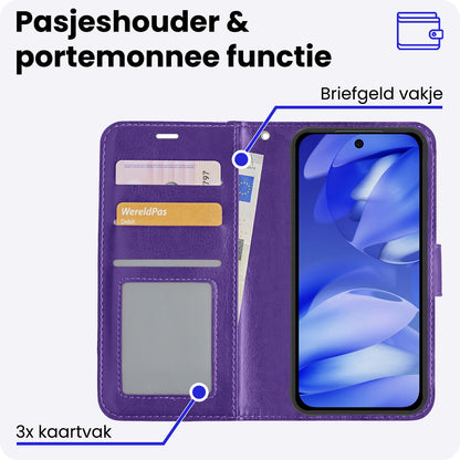 Google Pixel 9a Hoesje Bookcase Cover met Kaarthouder - Paars