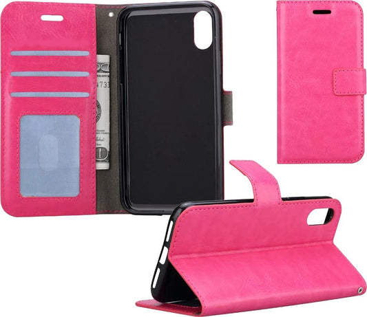 Hoesje Geschikt voor iPhone X/Xs Hoesje Book Case Hoes Portemonnee Cover Walletcase - Hoes Geschikt voor iPhone X/Xs Hoes Bookcase Hoesje - Donkerroze