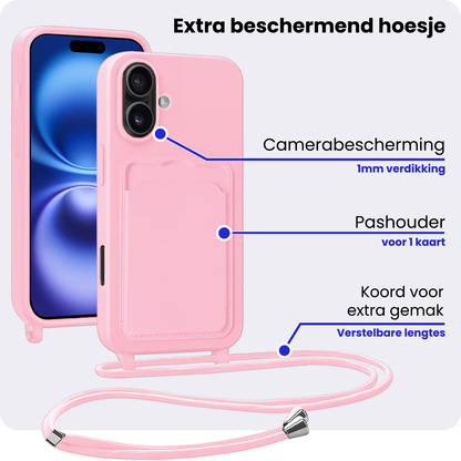 iPhone 16 Plus Hoesje Met Telefoonkoord en Pasjeshouder Siliconen - Lichtroze