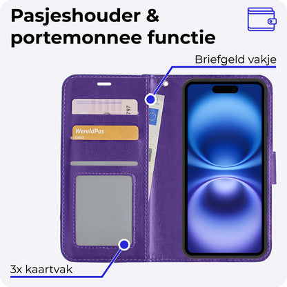 iPhone 16 Plus Hoesje Bookcase Cover met Kaarthouder - Paars