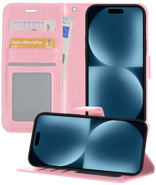 iPhone 15 Hoesje Bookcase Cover met Kaarthouder - Lichtroze
