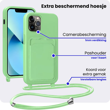 iPhone 13 Pro Max Hoesje Met Telefoonkoord en Pasjeshouder Siliconen - Groen