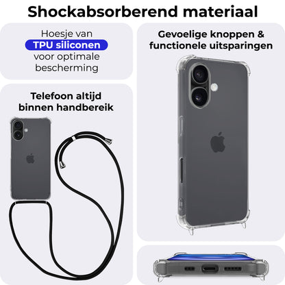 iPhone 16 Plus Hoesje met Koord Backcover Shockproof - Transparant