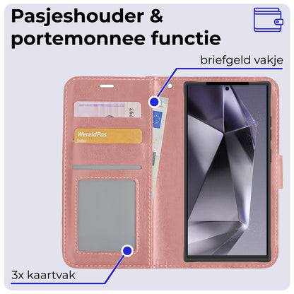 Samsung S24 Ultra Hoesje Bookcase Cover met Kaarthouder - Rosé goud