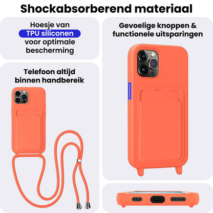 iPhone 15 Pro Hoesje Met Telefoonkoord en Pasjeshouder Siliconen - Papaya