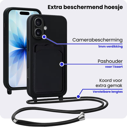 iPhone 17 Hoesje Met Telefoonkoord en Pasjeshouder Siliconen - Zwart