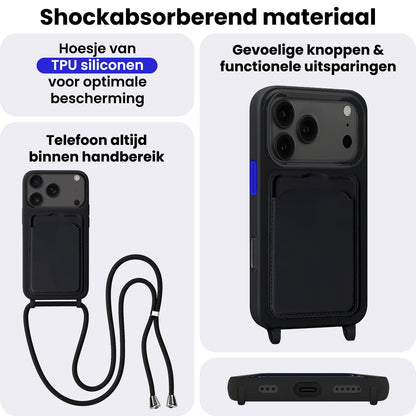 iPhone 17 Pro Hoesje Met Telefoonkoord en Pasjeshouder Siliconen - Zwart