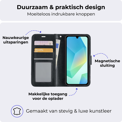 Samsung A16 Hoesje Bookcase Cover met Kaarthouder - Zwart