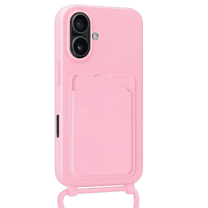 iPhone 16 Plus Hoesje Met Telefoonkoord en Pasjeshouder Siliconen - Lichtroze