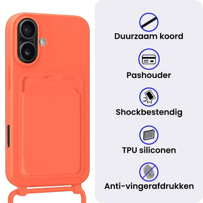 iPhone 16 Plus Hoesje Met Telefoonkoord en Pasjeshouder Siliconen - Papaya