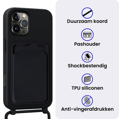 iPhone 16 Pro Hoesje Met Telefoonkoord en Pasjeshouder Siliconen - Zwart