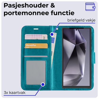 Samsung S24 Ultra Hoesje Bookcase Cover met Kaarthouder - Turquoise