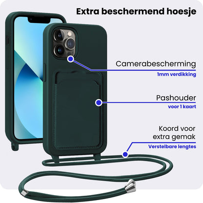iPhone 13 Pro Max Hoesje Met Telefoonkoord en Pasjeshouder Siliconen - Donkergroen