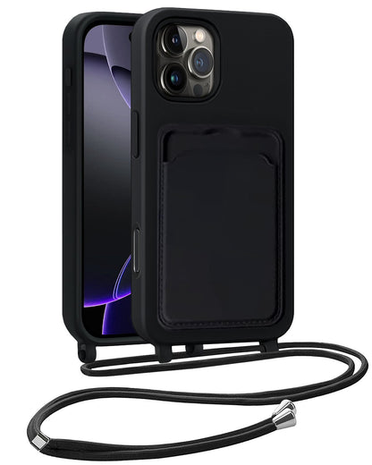 iPhone 16 Pro Hoesje Met Telefoonkoord en Pasjeshouder Siliconen - Zwart