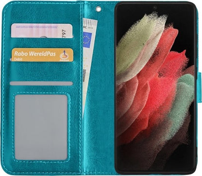 Samsung S21 Ultra Hoesje Bookcase Cover met Kaarthouder - Turquoise