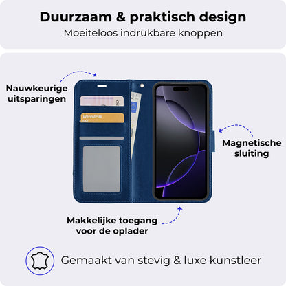 iPhone 16 Pro Hoesje Bookcase Cover met Kaarthouder - Donkerblauw
