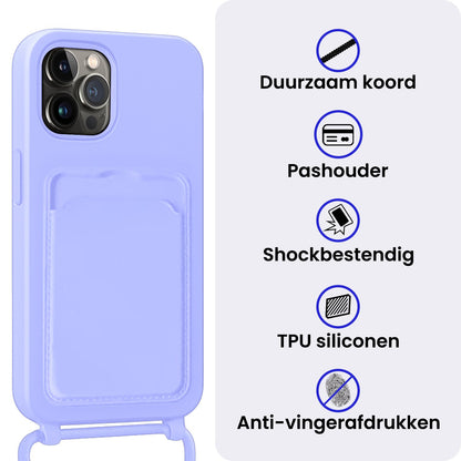 iPhone 15 Pro Hoesje Met Telefoonkoord en Pasjeshouder Siliconen - Lila