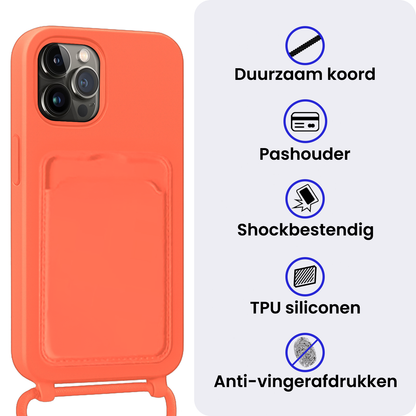 iPhone 14 Pro Max Hoesje Met Telefoonkoord en Pasjeshouder Siliconen - Papaya