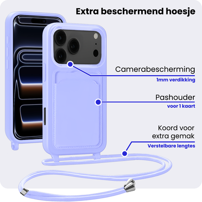 iPhone 17 Pro Max Hoesje Met Telefoonkoord en Pasjeshouder Siliconen - Lila