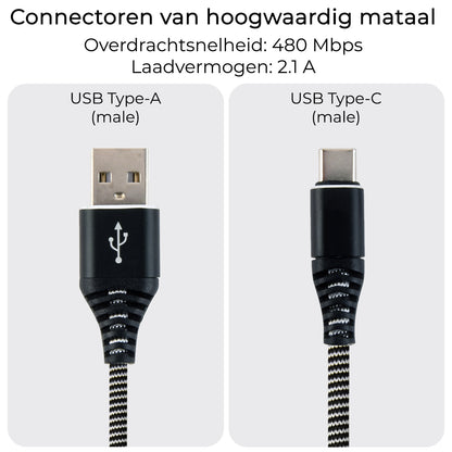 USB-C Kabels Oplaadkabel Datakabel USB C Kabel Nylon Gevlochten - USB C naar USB A Kabel - USB C Oplader - 2 meter - Zwart/Wit