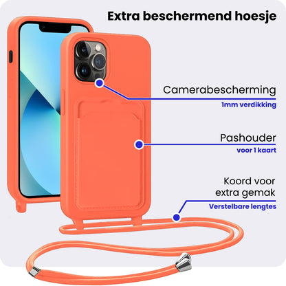 iPhone 13 Pro Hoesje Met Telefoonkoord en Pasjeshouder Siliconen - Papaya