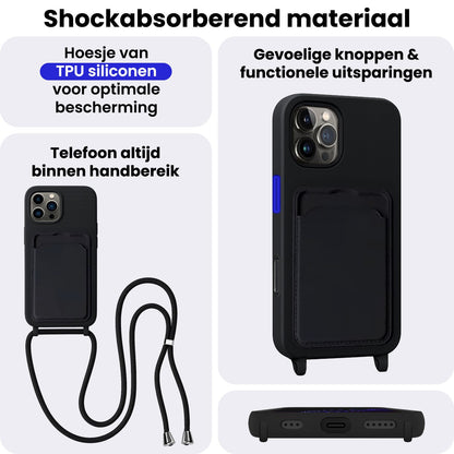 iPhone 16 Pro Max Hoesje Met Telefoonkoord en Pasjeshouder Siliconen - Zwart