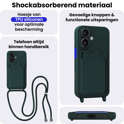 iPhone 16 Plus Hoesje Met Telefoonkoord en Pasjeshouder Siliconen - Donkergroen