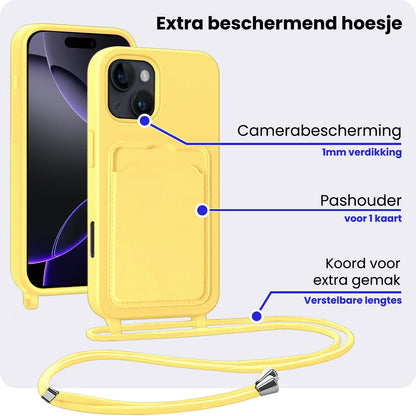 iPhone 16 Pro Hoesje Met Telefoonkoord en Pasjeshouder Siliconen - Geel