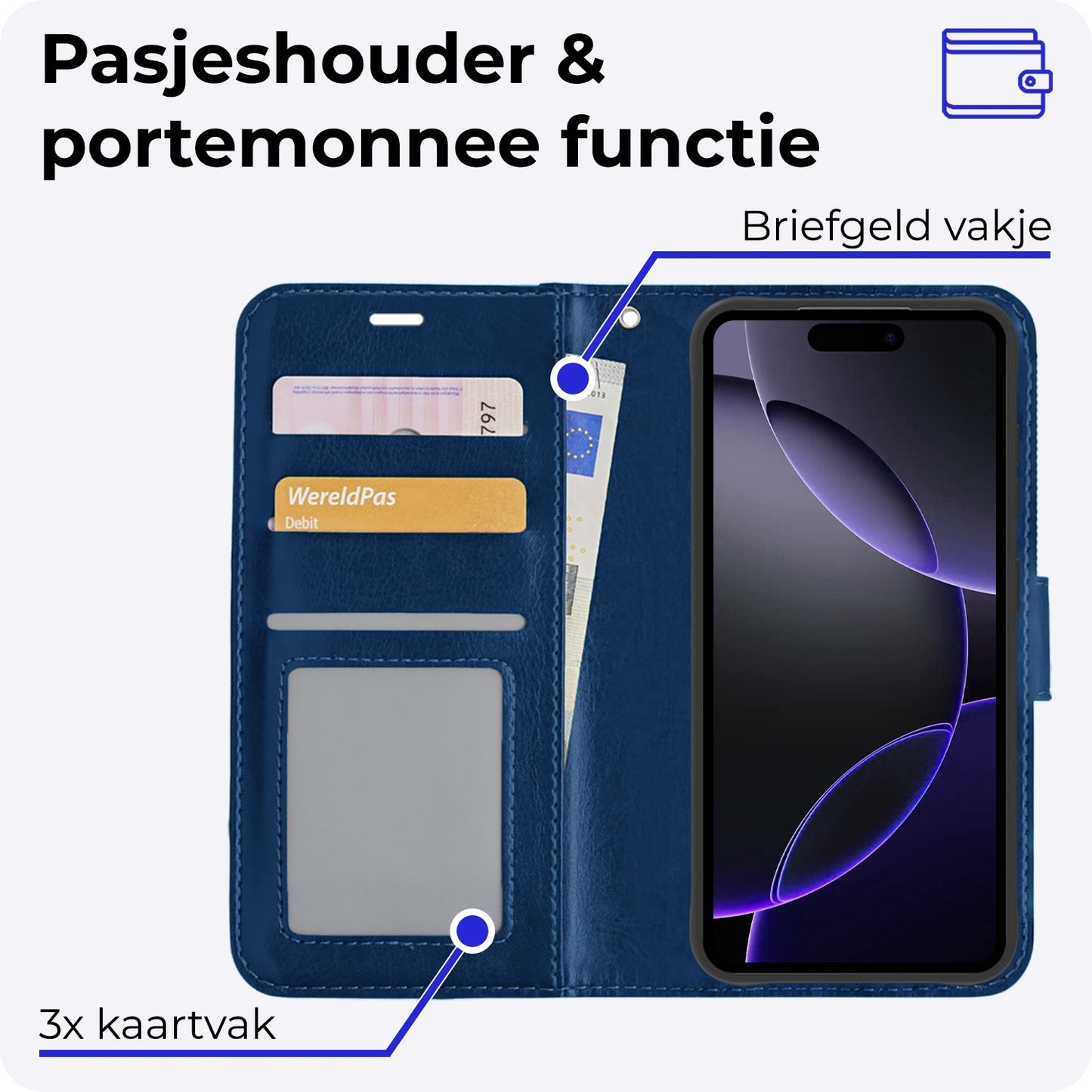 iPhone 16 Pro Max Hoesje Book Case Kunstleer - Donkerblauw