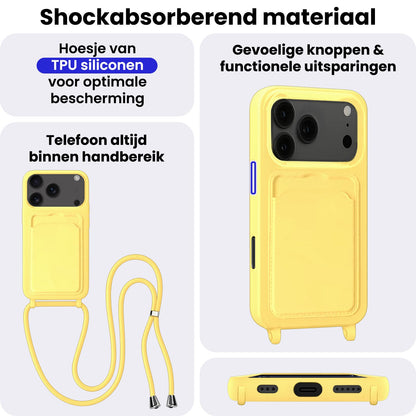 iPhone 17 Pro Hoesje Met Telefoonkoord en Pasjeshouder Siliconen - Geel