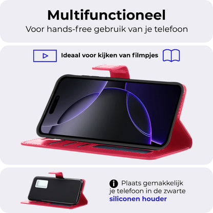 iPhone 16 Pro Max Hoesje Bookcase Cover met Kaarthouder - Donkerroze