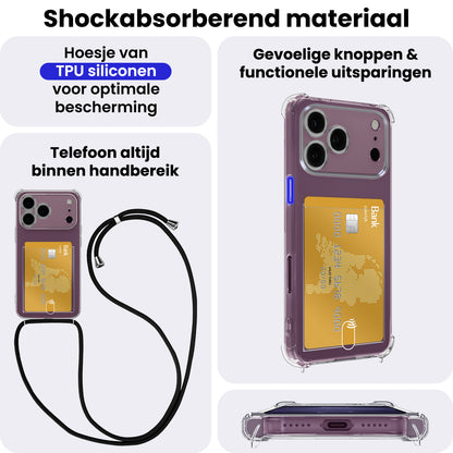 iPhone 18 Pro Hoesje Kaarthouder met Koord Backcover Shockproof - Transparant