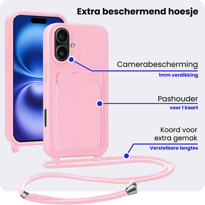 iPhone 16 Hoesje Met Telefoonkoord en Pasjeshouder Siliconen - Lichtroze