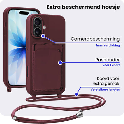 iPhone 17 Hoesje Met Telefoonkoord en Pasjeshouder Siliconen - Aubergine
