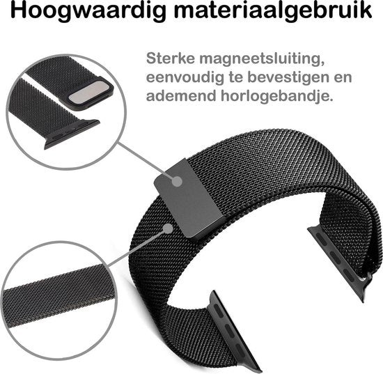 Polsbandje Met Magneetsluiting Geschikt voor Apple Watch 42/44 mm Bandje Milanees - Zwart