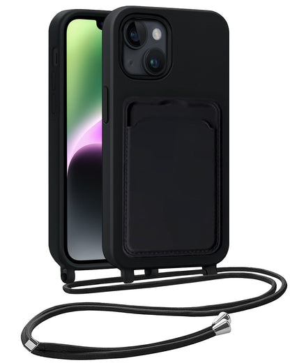 iPhone 14 Hoesje Met Telefoonkoord en Pasjeshouder Siliconen - Zwart