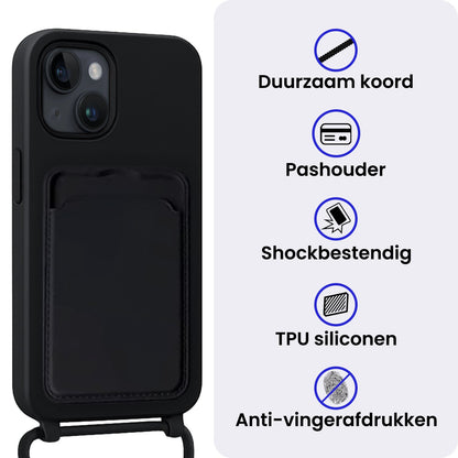 iPhone 15 Hoesje Met Telefoonkoord en Pasjeshouder Siliconen - Zwart
