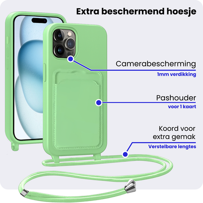 iPhone 14 Pro Max Hoesje Met Telefoonkoord en Pasjeshouder Siliconen - Groen