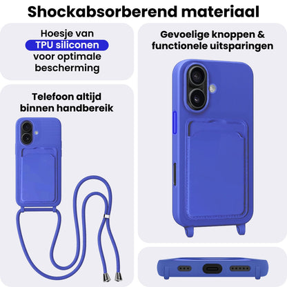 iPhone 16 Plus Hoesje Met Telefoonkoord en Pasjeshouder Siliconen - Felblauw