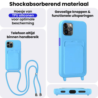 iPhone 15 Pro Max Hoesje Met Telefoonkoord en Pasjeshouder Siliconen - Lichtblauw
