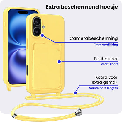 iPhone 16 Plus Hoesje Met Telefoonkoord en Pasjeshouder Siliconen - Geel