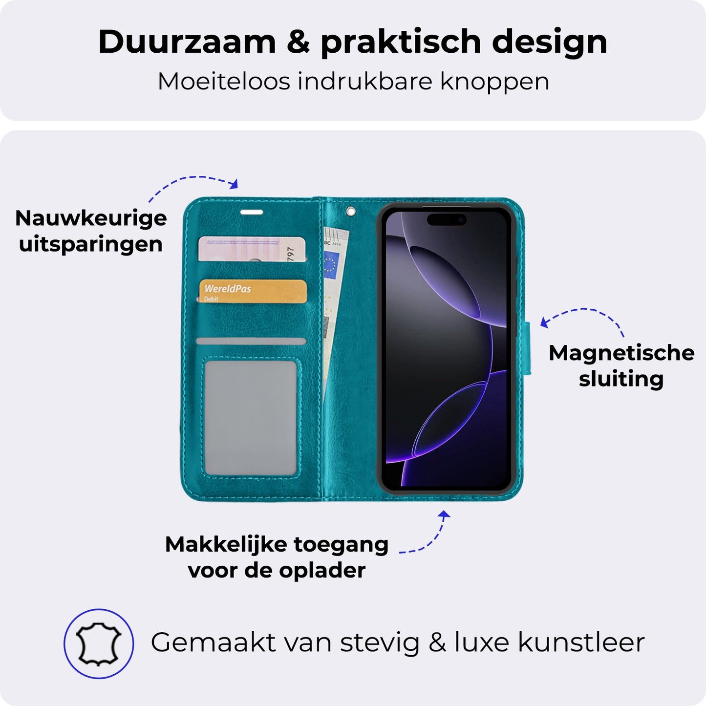 iPhone 16 Pro Max Hoesje Book Case Kunstleer - Turquoise