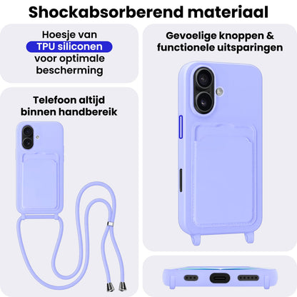 iPhone 17 Hoesje Met Telefoonkoord en Pasjeshouder Siliconen - Lila