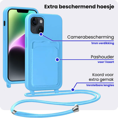 iPhone 14 Hoesje Met Telefoonkoord en Pasjeshouder Siliconen - Lichtblauw