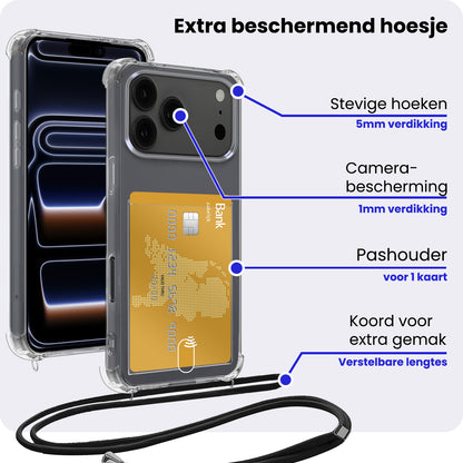 iPhone 17 Pro Max Hoesje Kaarthouder met Koord Backcover Shockproof - Transparant