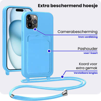iPhone 14 Pro Max Hoesje Met Telefoonkoord en Pasjeshouder Siliconen - Lichtblauw